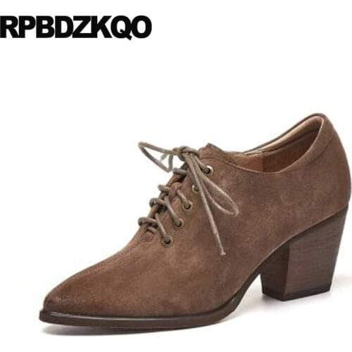 Shoes New Brown Oxford Retro Pointed Toe Thick Vintage Genuine Leather Big Size Women Pumps 2021 Suede Lace Up 10 42 High Heels
