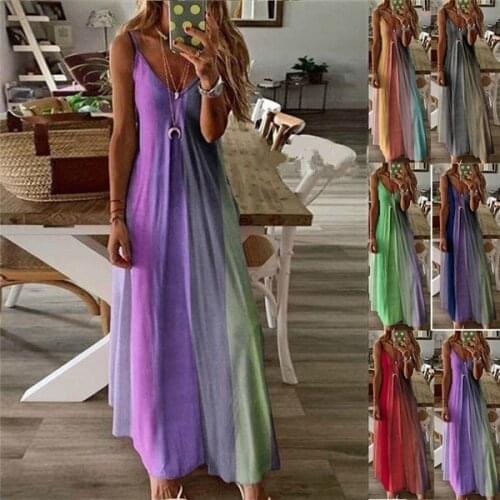 Gradient Printed Long Dress Women Elegant Big Swing V Neck Sleeveless Maxi Beach Dress 2021 Female Loose Party Dress Vestidos