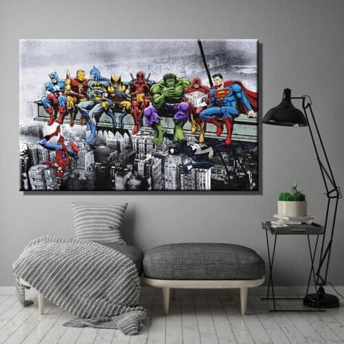 Marvel Canvas Poster Superhero Lunch Atop Skyscraper Super Hero Home Decor Captain America Iron Man Spider Man Hulk Kids Gift