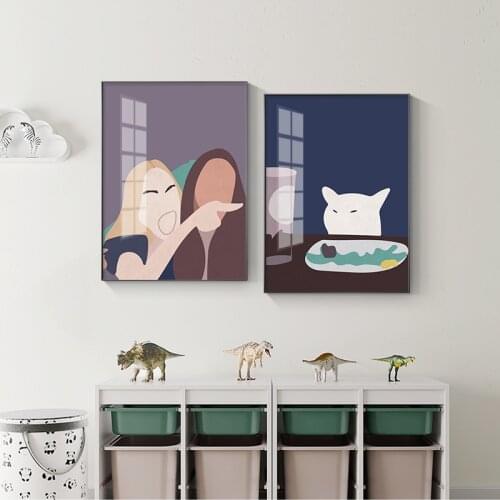 Simple Nordic abstract figure cat eating fish funny art childrens room decoration painting living room picture canvas printing