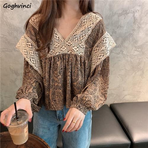 Shirts Women V-neck Lace Printed Lantern Sleeve Retro Elegant French Style Fashion High Quality Leisure Females Student Hot Sale