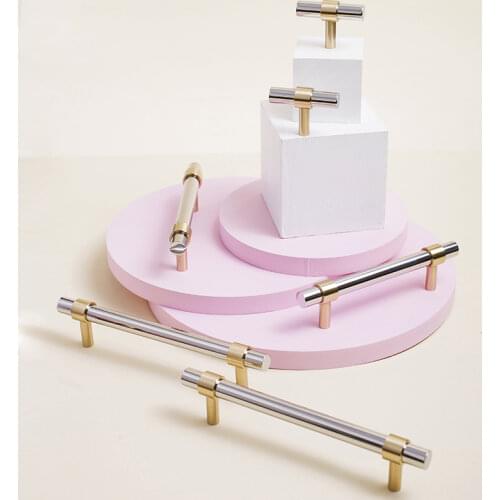 Stainless Steel+Brass Cupboard Handles for Furniture Drawer Pulls T-bar Cabinet Knobs Bedroom Silver Hardware Mirror-Polished