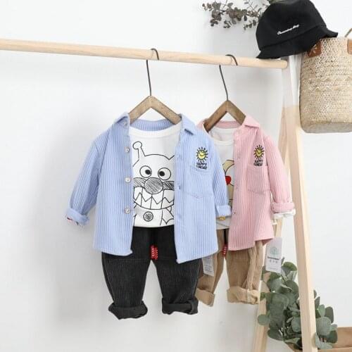 2019 Spring Striped Shirt + Corduroy Pants Set Small Childrens Casual Two-piece Suit