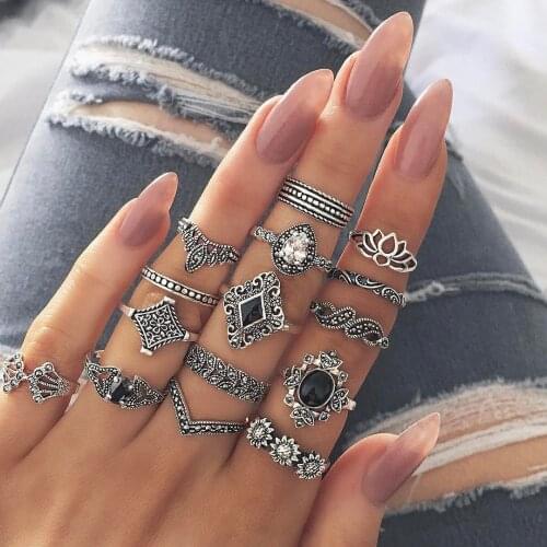 Vintage Silver Color Anemone Geometry Flower Rings Female Midi Rings Set Ladies Party Tail Ring Bohemian Knuckle Ring