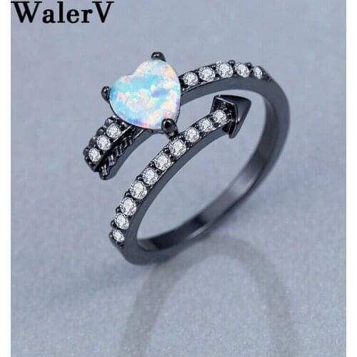 WalerV New for Womens Rings Black Gold Zircon Ring Fashion Charm Jewelry Opal Love Shape Wedding Engagement Finger Open Ring