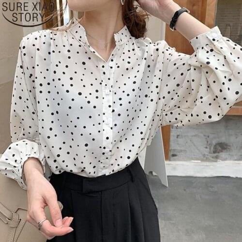 2021 Spring New Plus Size Women Clothing Polka Dot Chiffon Shirt Women Tops Korean White Shirts Long Sleeve Loose Cardigan 13675