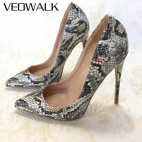 Veowalk Green Camouflag Snakeskin Women Sexy Pointed Toe Stiletto Pumps Chic Ladies High Heel Party Shoes Plus Size 33-45