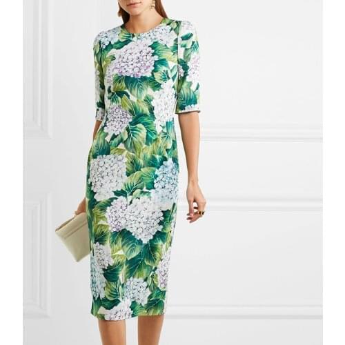 2018 Autumn New Fashion Women Customize Plus Size 3XS-10XL Hydrangeas Flower Print Half Sleeve Slim Fit Runway Green Dress