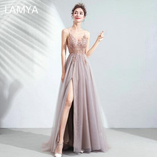 LAMYA Prom Dresses 2021 Luxury Beading Evening Gowns Sexy Slit A Line Fromal Dress Spaghetti Strap Backless Robe De Soiree