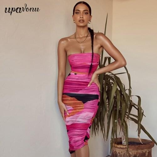 Free Shipping 2020 Summer Women Draped Printed Dress Sexy Tube Top Sleeveless Bodycon Halter Dress Midi Club Party Dress Vestido