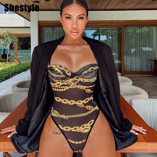 Shestyle Mesh See Through Women Bodysuits Summer 2021 Sleeveless Adjustable Strap V Neck Wrap Low Cut Sexy Clubwear Bodycon Body