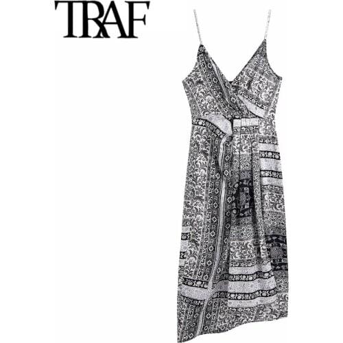 TRAF Women Fashion Totem Printed Asymmetric Slit Midi Dress Vintage Backless Zipper Thin Straps Female Dresses Vestidos