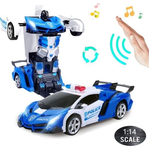 1:14 RC Cars 30CM 2.4Ghz Induction Transformation Robot LED Music Deformation Gesture Remote Control Police Car Toy for Kids B02