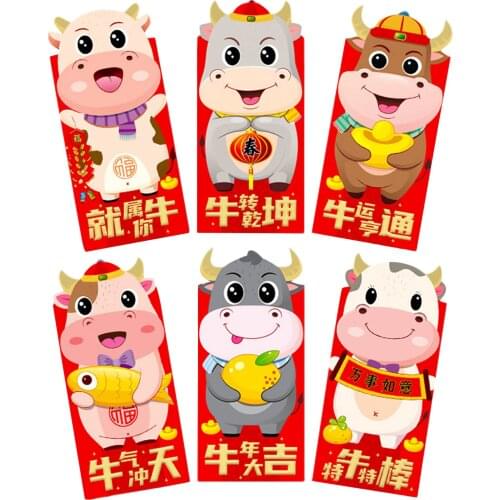 2021 Chinese Three-dimensional Red Envelopes New Year Lucky Money Packet Ox Year Paper Sack for Chinese Spring Festival 6Pcs