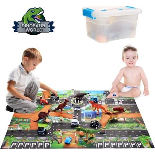 42pcs/set Dinosaur World Realistic Figures Playset Toys for Children Educational Road Traffic Play Mat with Pull Back Cars Gift