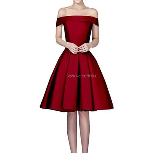 7826 red hot sale simple strapless off-the-shoulder A-line knee-length matte satin homecoming dresses/formal-gowns free shipping