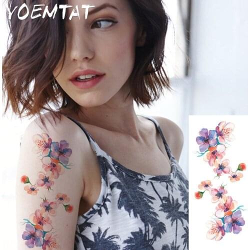 Watercolor cherry blossoms arm shoulder tattoo stickers flash henna tattoo fake waterproof temporary tattoos sticker women