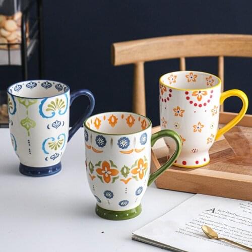 American Large Ceramic Coffee Cups Handpainted Colorful Ceramic Mugs Breakfast Tea Milk Water Mug Office Kitchen Drink Ware Gift