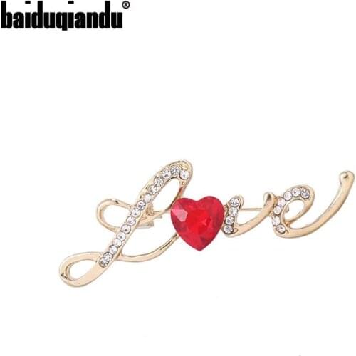 Baiduqiandu Brand New Arrival Red Heart Crystal Love Brooch Lapel Pins for Women Clothes Dress Jewelry Accessories