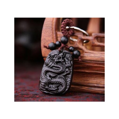 Black Wood Carving Chinese Dragon Statue Sculpture Pendant Key Chain