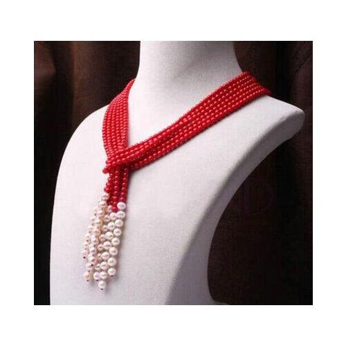 Long 49" 3row red coral & white pearl necklace