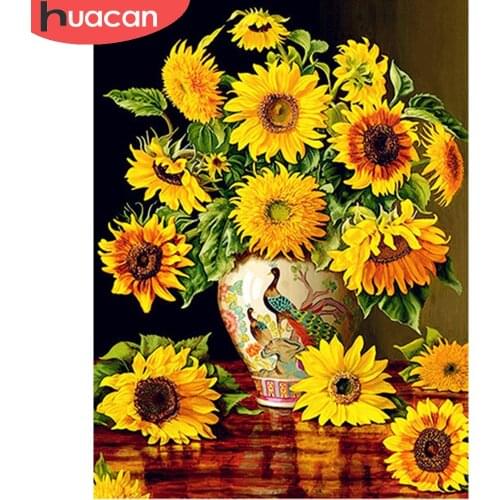 HUACAN 5D Full Drill Diamond Painting Sunflowers Embroidery Vase Mosaic Cross Stitch Wall Art Bedroom Decoration