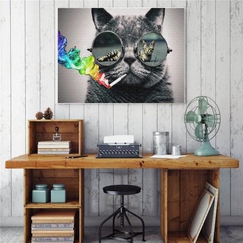 Hippie Cat with Sunglass Smoking Canvas Pictures for Living Room Wall Painting Art Print Home Decoration Nordic Poster