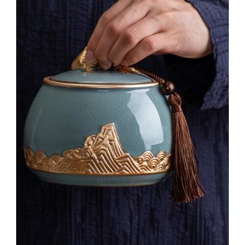 Ge Kiln Ceramic Tea Caddy Sealed Pot Household Tea Storage Tank Chinese Style Tea Box Relief Tea Canister