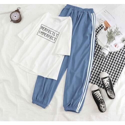 Letter Printing Top and Trousers Set Women Womens Sportswear 2pcs Set Women Summer Long Pants Short Sleeve Crop Top Suits
