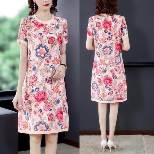 Summer Pink Floral Mulberry Silk Beach Midi Dresses 2021 Vintage 4XL Plus Size Sundress Elegant Female Bodycon Party Vestidos