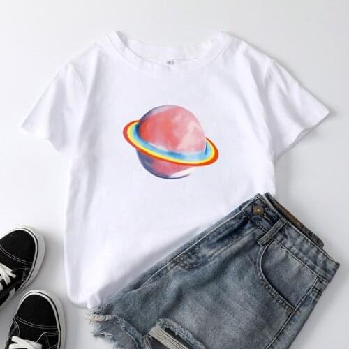 Summer Womens T-shirt Cartoon Planet Print T-shirt O-neck Short Sleeve T-shirt Harajuku Graphic T-shirt Female