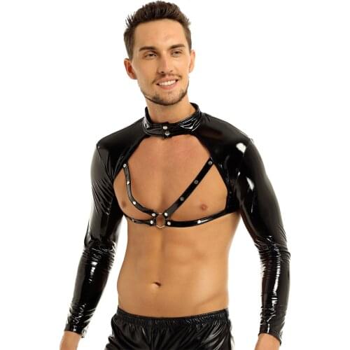 Mens Wetlook Faux Leather Crop Tops Tanks Bondage Long Sleeves Stand Collar Studded Muscle Half Tank Top Clubwear Stage Costume
