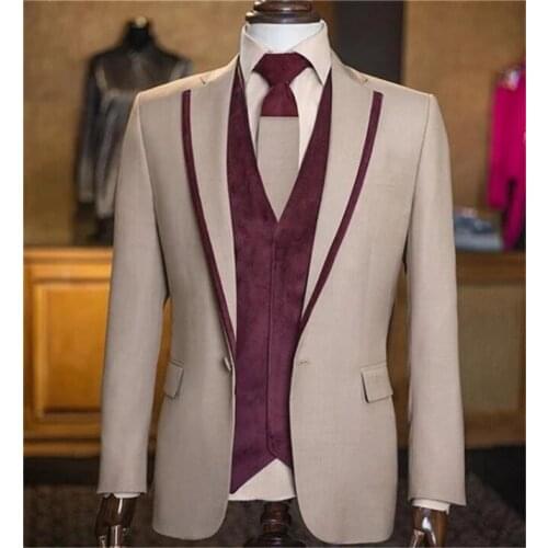 New Arrival One Button Costume Homme Men Suits With White Pant Slim Fit Tuxedo Wedding Groom Terno Masculino Blazer 3 Pieces