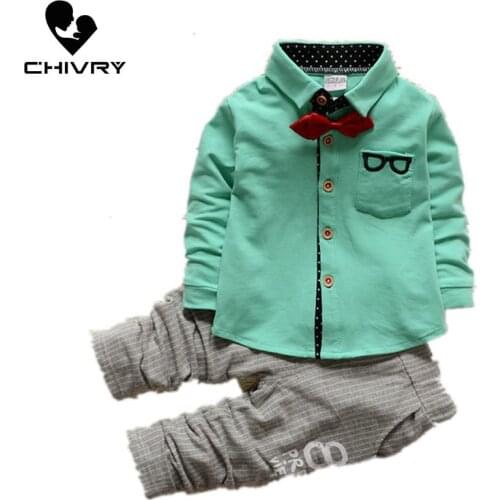 New 2020 2Pcs Newborn Infant Baby Boys Clothes Set Spring Autumn Toddler Boys Solid Bow Shirts Tops + Pants Kids Clothing Sets