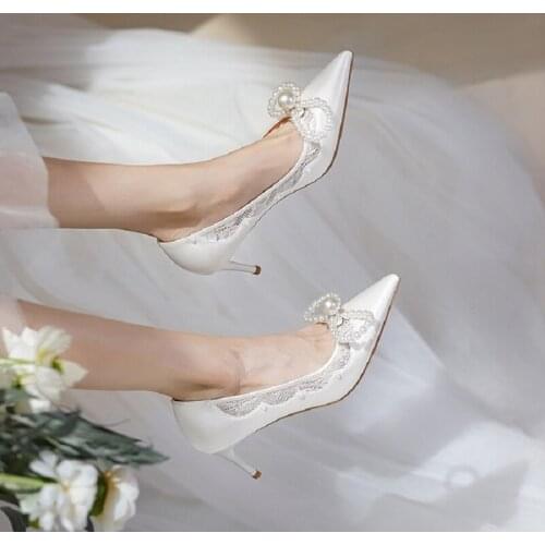 Autumn White Pearl Rhinestone Variety Bowknot Pointed Stiletto High Heel Bridal Wedding Shoes Banquet Dress Womens Single Shoes