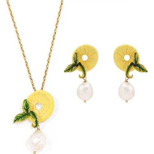 Summer Cool Lemon Freshwater Pearls Necklace Earring Jewelry Sets For Women Simple Elegant Fashion Party Accessories Gift