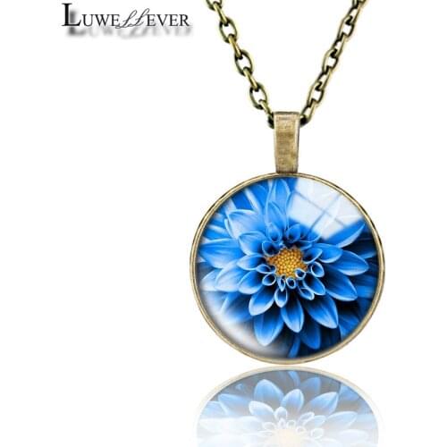 Blue Flower Necklace 734 25mm Bronze 30mm Wood Rhinestone Double-sided Moon Round Glass Pendant For Women Gift