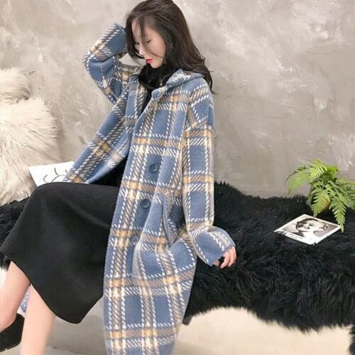 Women Coats Plaid Imitation Mink Cashmere Coat Loose Female Open Stitch Sweater Ladies Thick Warm Oversized Cardigans Midi Coat
