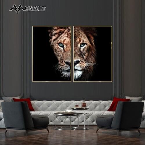 Half Face Male Female Lion Poster Canvas Painting Modular Abstract Art African Animal Pictures Wall Decoration for Home Design