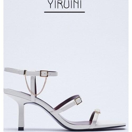 Za Summer New Womens Sandals Buckle Decoration High-heeled Leather Sandals One Word With Open Toe Sandals For Women
