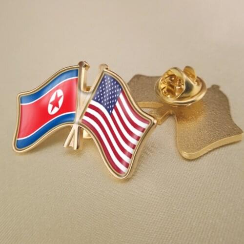 North Korea and United States Crossed Double Friendship Flags Lapel Pins Brooch Badges