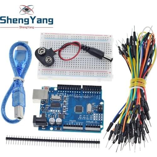 ShengYang Starter Kit for arduino Uno R3 - Bundle of 5 Items: Uno R3 Breadboard Jumper Wires USB Cable and 9V Battery Connector