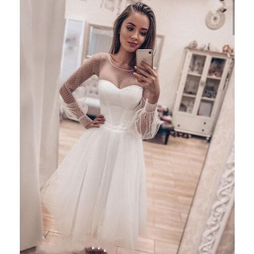 Wedding Dress Short Light Champagne 2021 Long Sleeve Puff A-Line Tulle Sweetheart Bridal Gowns Custom Made Point Net Elegant
