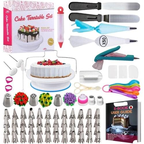 Transhome Cake Decorating Tips Set 127 Pcs/set Stainless Russian Icing Piping Nozzles Pastry Bag Cake Turntable Set Baking Tools