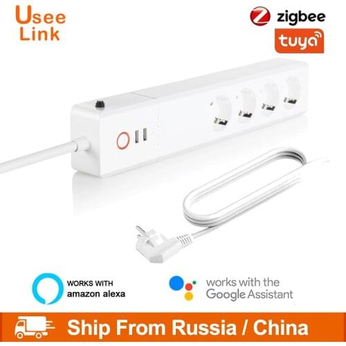 ZigBee Smart Power Strip EU/UK,UseeLink Smart Power Bar Multiple Outlet Extension Cord with 2 USB and 4 AC Plugs by Tuya