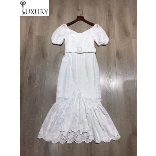 Party New 2020 Summer Mermaid Dresses Women Sexy Square Collar Allover Exquisite Embroidery Short Sleeve Midi White Dress