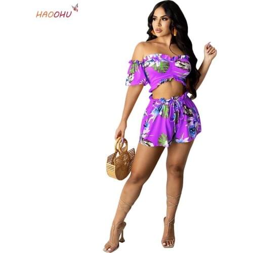 HAOOHU Women Wear New Sexy Printed Leisure Sports Suit Beach Party Womens Two-Piece Set 2021 Summer Casual Fashion Lace loose