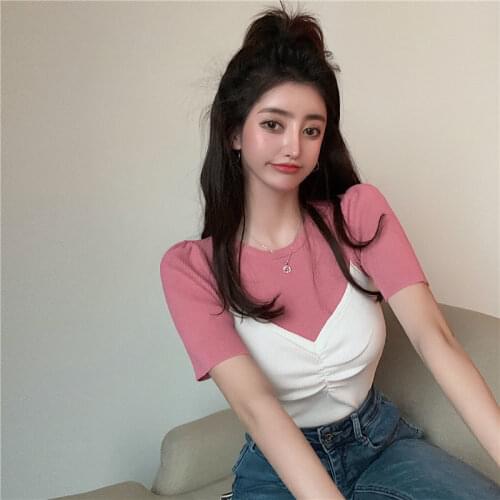 Woman TShirts -Piece Top Womens Summer Knitted Short-Sleeved T-shirt Crop Top Mujer Camisetas