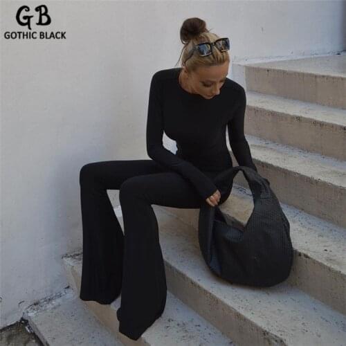 Gothblack Jumpsuits Solid Long Sleeve Backless Slim Straight Flare Pants One Piece Bodycon Club Outfits For Women Elegant Sexy