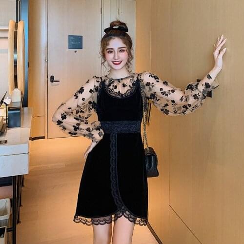 New arrival comfortable sexy two pieces women sets loose perspective shirt and mini strap a-line dress cute fresh women sets